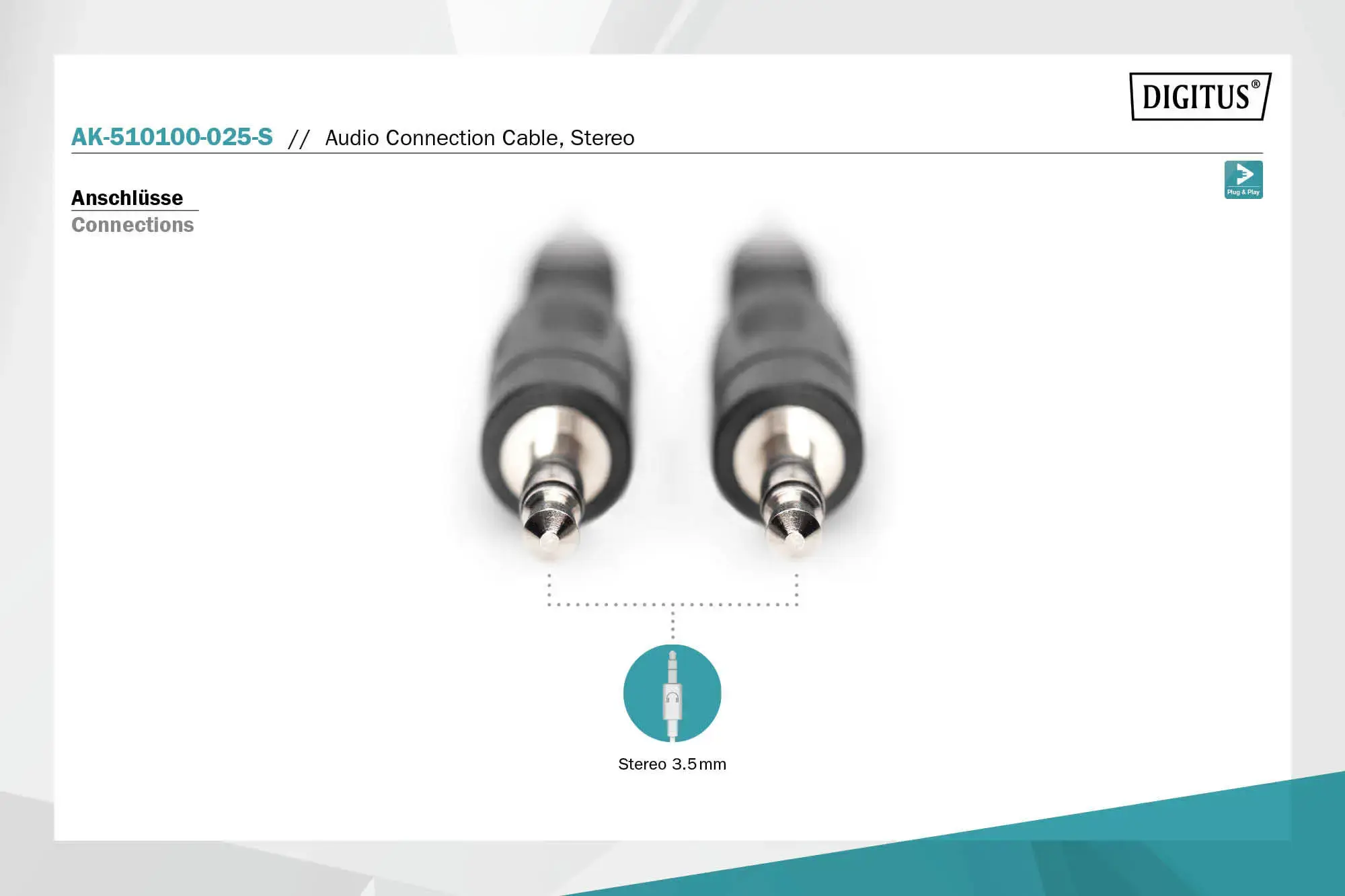 Garso lizdo kabelis (3,5 mm) Digitus 3,5 mm M/M, 2,5 m, juodas