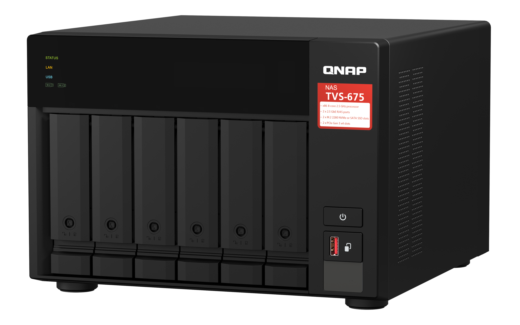 QNAP TVS-675-8G 6-bay NAS KX-U6580 8C/8T 2.5GHz 8GB 6xSATA 6Gb/s bays 2xM.2 NVMe PCIe Gen3 SSD slots 2x2.5GbE LAN optional 10GbE