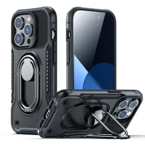 "Joyroom Dual Hinge" dėklas "iPhone 14 Pro Max" šarvuotas dėklas su stovu ir žiedo laikikliu juodas