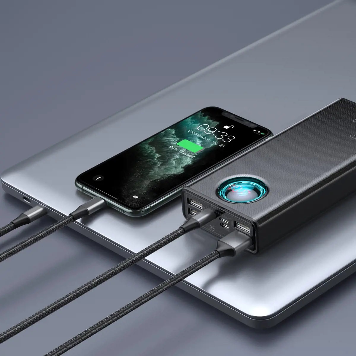 Maitinimo baterija "Baseus Amblight" 30000 mAh, 4xUSB, USB-C, 65W (juoda)