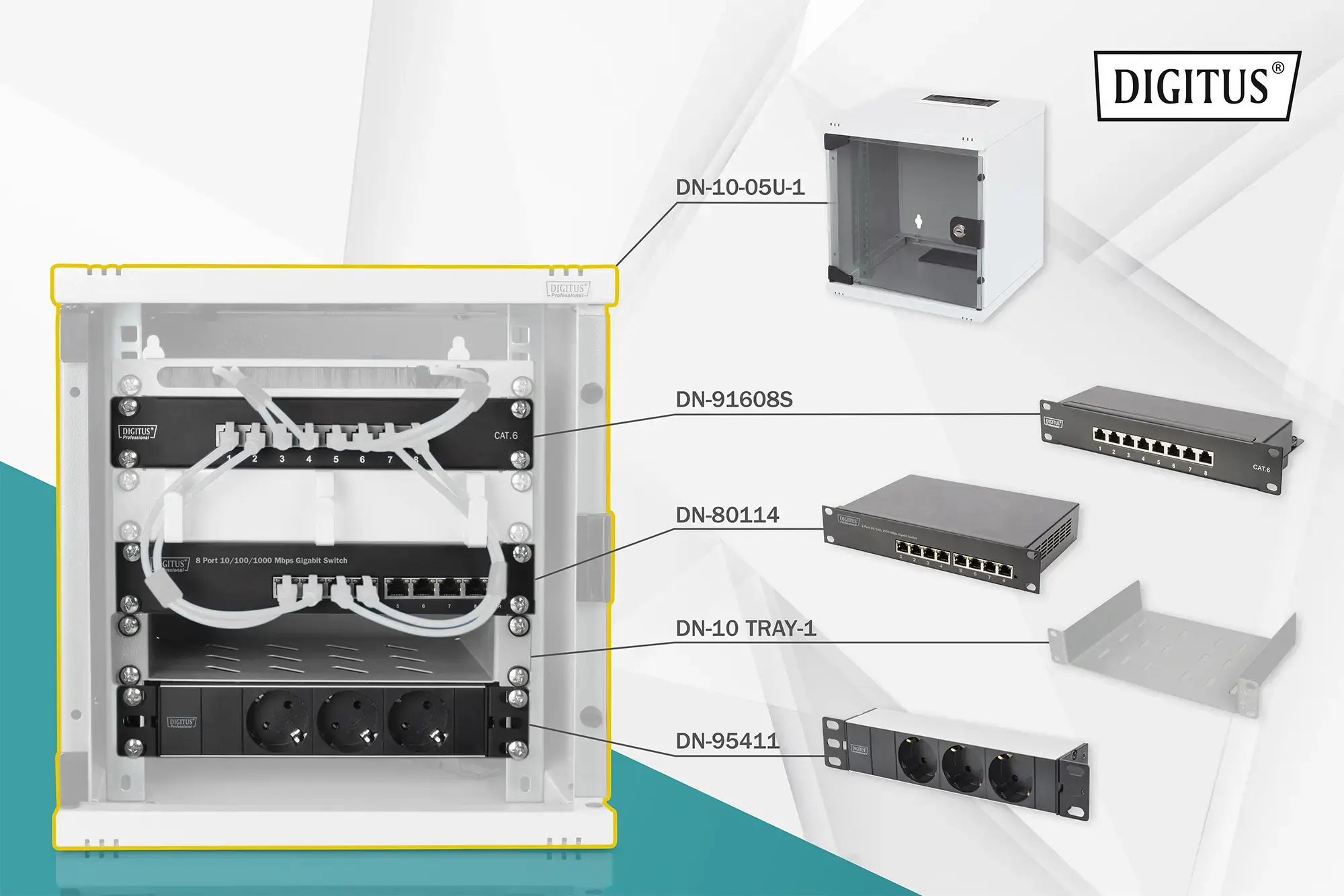 "Digitus" 10" tinklo komplektas, 6U spintelė, lentyna, PDU, 8 prievadų komutatorius, CAT 6 komutacinis skydelis, pilkas Digitus .DN-10-SET-1