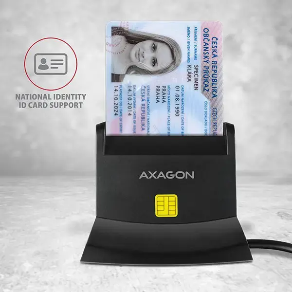 "Axagon" stacionarus stendinis skaitytuvas Išmaniųjų kortelių / tapatybės kortelių skaitytuvas AXAGON CRE-SM2 su USB 2.0 sąsaja turi SD, microSD ir SIM kortelių lizdus.