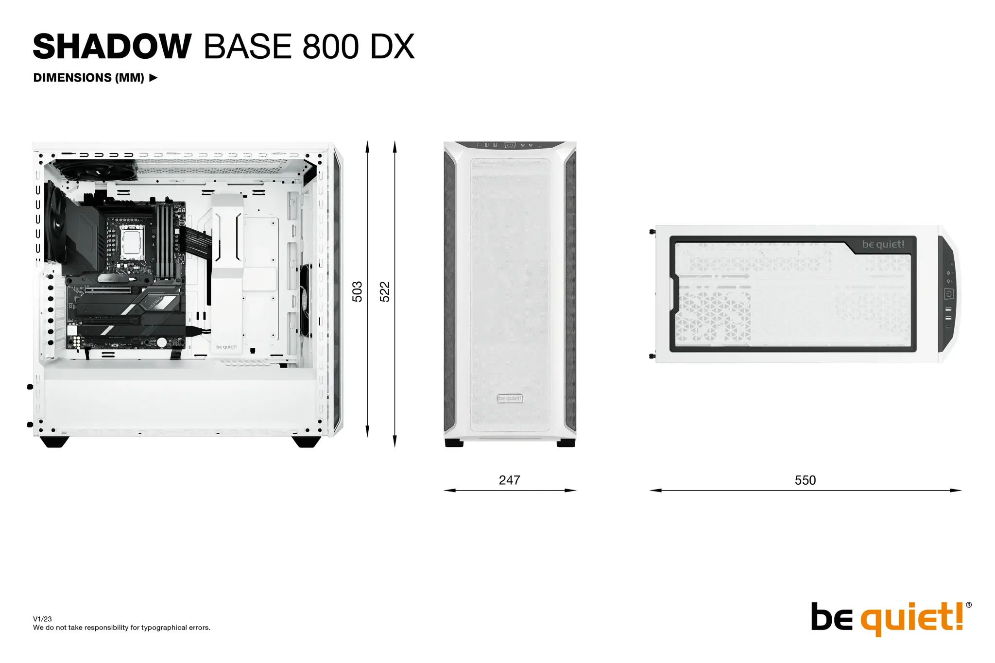 Būkite tylūs! Shadow Base 800 DX White, Midi Tower, Kompiuteris, Balta, ATX, EATX, micro ATX, Mini-ITX, Akrilonitrilo butadieno stirenas (ABS), Plienas, Grūdintas stiklas, Multi