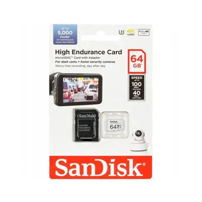 "SanDisk High Endurance microSDXC" 64 GB + SD adapteris - skirtas automobilinėms kameroms ir namų stebėjimui, iki 5000 valandų, "Full HD" / 4K vaizdo įrašai, iki 100/40 MB/s skaitymo / rašymo greitis, C10, U3, V30; EAN:619659173081