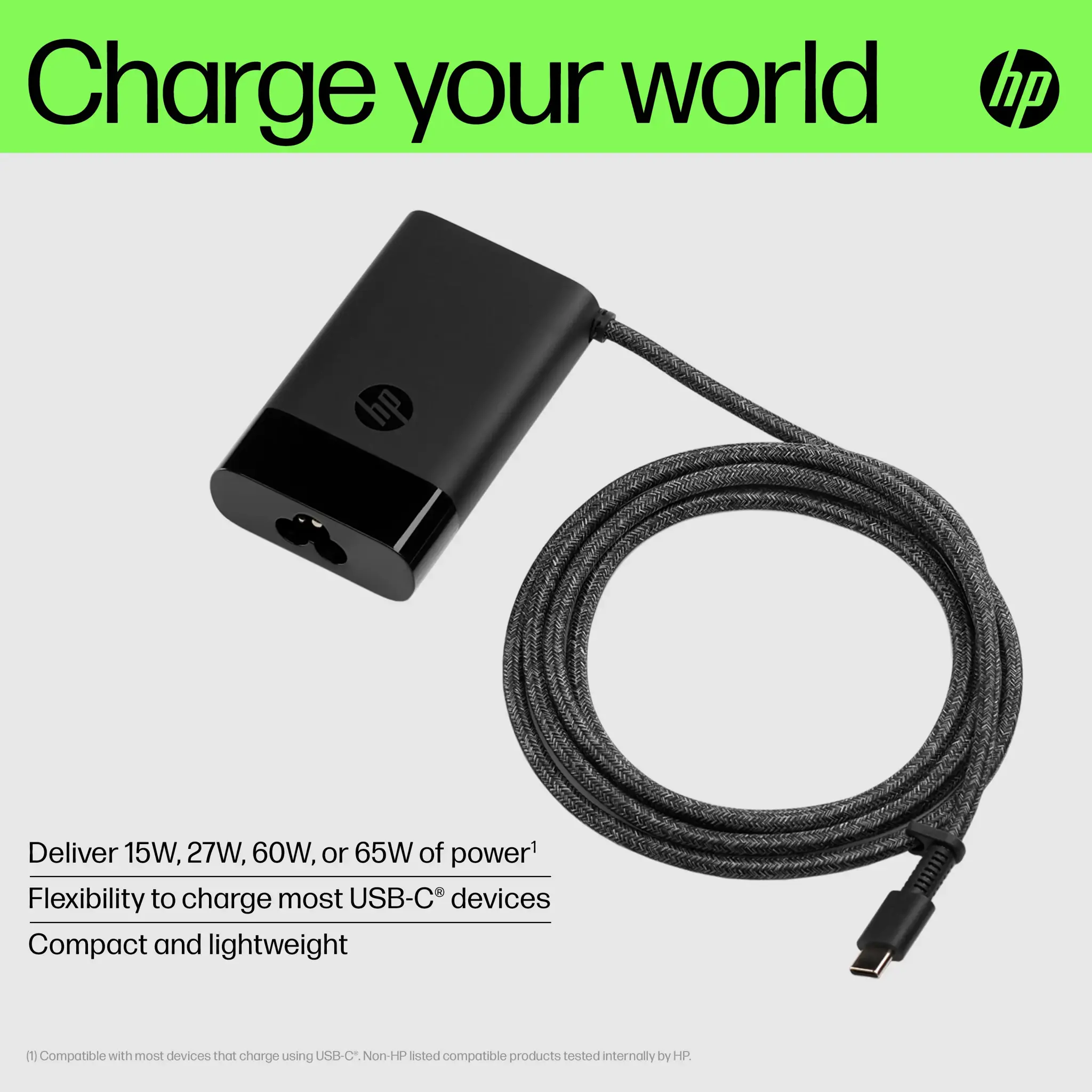 HP USB-C 65W nešiojamojo kompiuterio įkroviklis, nešiojamasis kompiuteris, vidinis, 90 V, 65 W, 5-20 V, 1,6 A