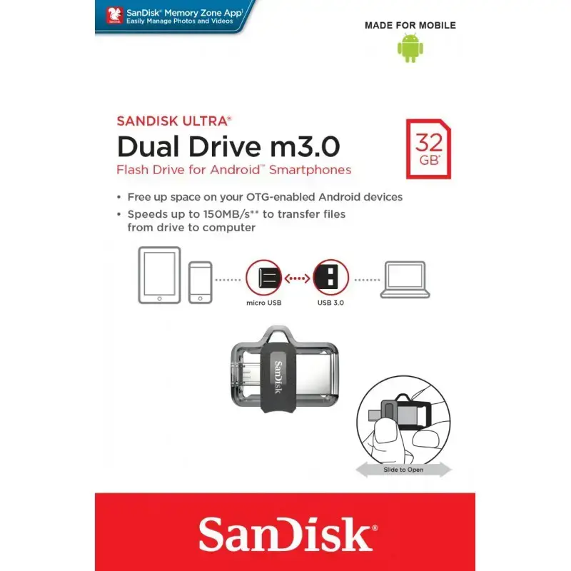 "SanDisk Ultra Dual Drive m3.0" 32 GB pilkos ir sidabrinės spalvos; EAN: 619659149598