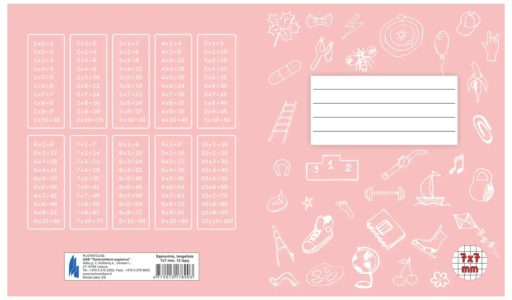 Sąsiuvinis TECHNOINFORM 1-2 klasei, A5, 12 lapų, 70 gsm, langeliais