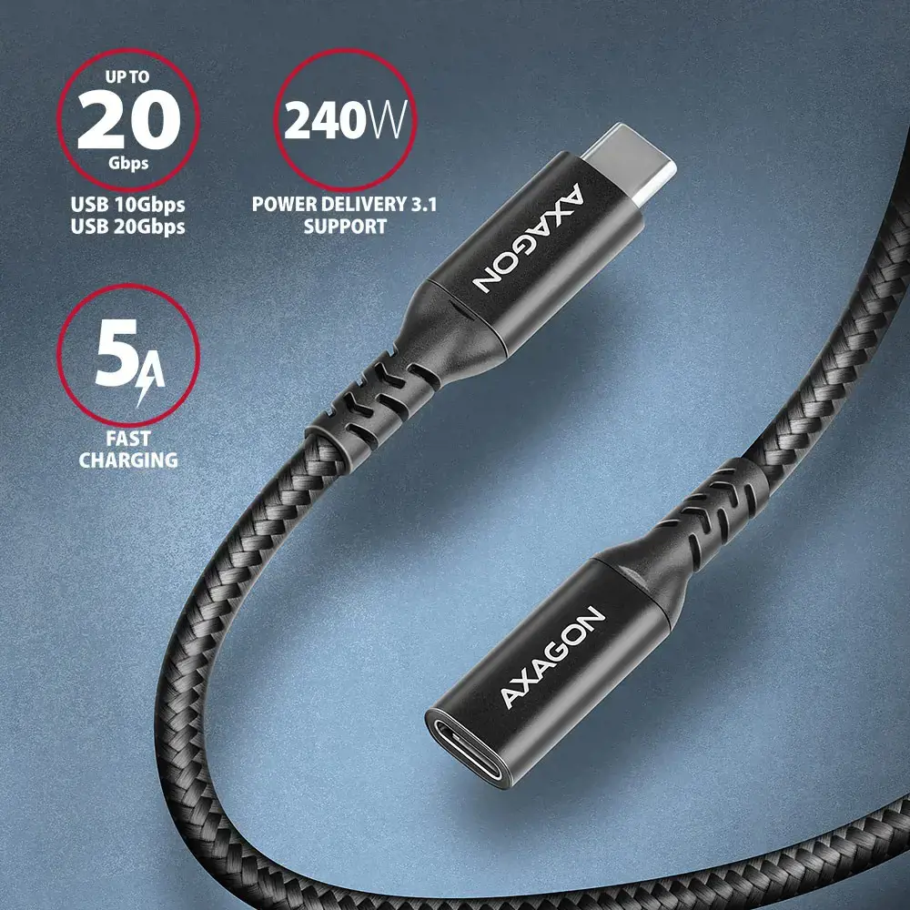 Extension USB 20Gbps cable length 0.5 m. PD 240W, 5A, 8K HD video. Black braided.