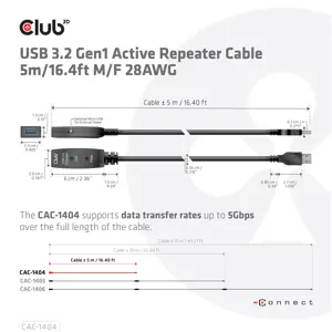 CLUB3D USB 3.2 Gen1 Active Repeater Cable 5m/ 16.4 ft M/F 28AWG, 5 m, USB A, USB A, USB 3.2 Gen 1 (3.1 Gen 1), Black