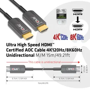 CLUB3D Ultra High Speed HDMI™ Certified AOC Cable 4K120Hz/8K60Hz Unidirectional M/M 15m/49.21ft, 15 m, HDMI Type A (Standard), HDMI Type A (Standard), Black