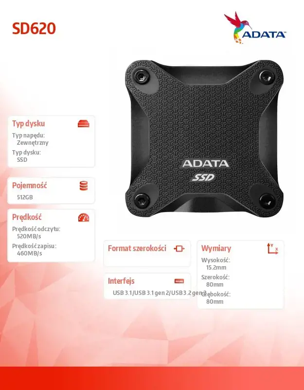 SSD diskas ADATA SD620-512GCBK 512 GB, USB 3.2 Gen 2 (3.1 Gen 2)