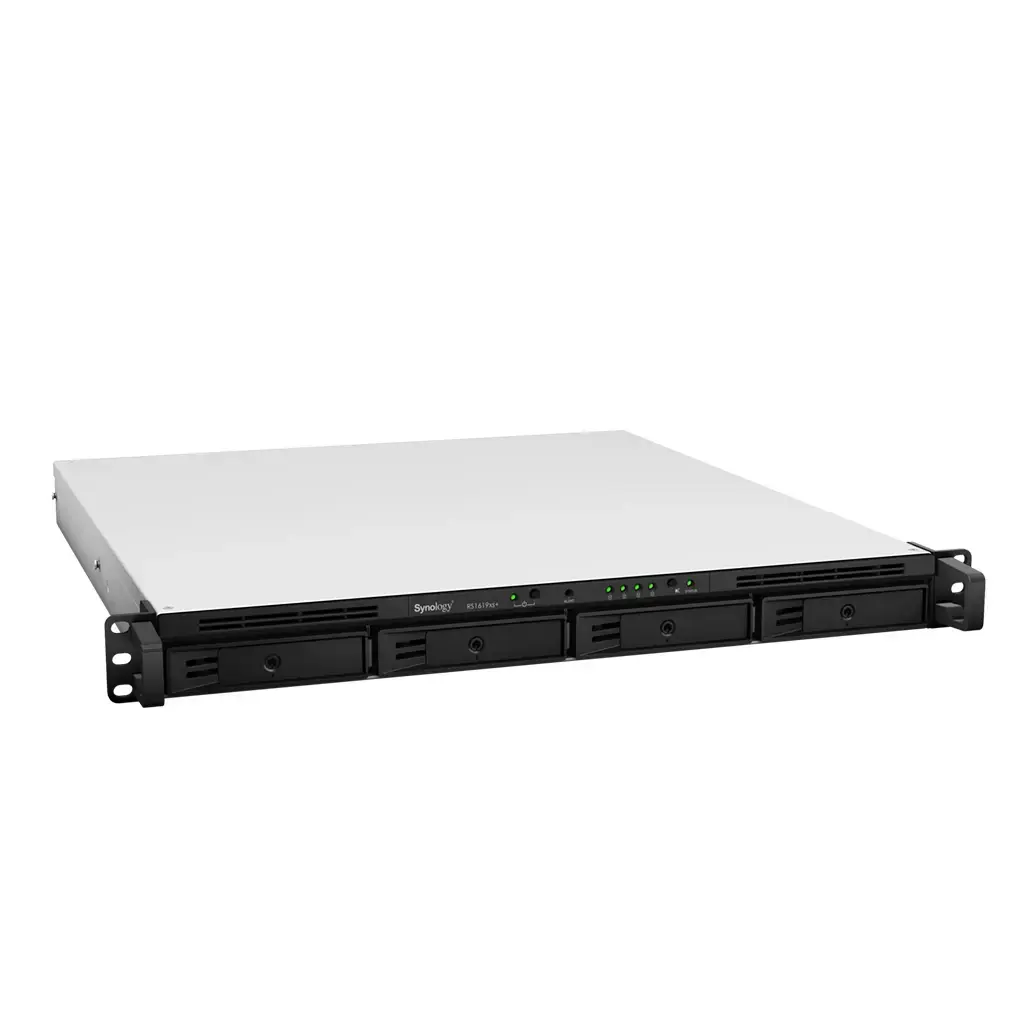 "Synology Rack NAS RS1619xs+" iki 4 HDD/SSD "Hot-Swap", "Intel Xeon D-1527 Quad Core", procesoriaus dažnis 2,2 GHz, 8 GB, DDR4, rezervinis maitinimo šaltinis, 2xM.2 2280 NVMe lizdai, RAID 0,1,5,6,10,10,Hybrid, 4x1GbE, 2xUSB 3.0, 1xPCIe, 1xišplėtimo prievadas, dvigubas ventiliatorius