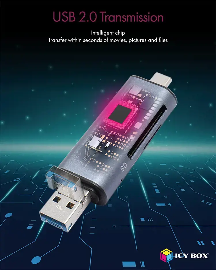 ICY BOX IB-CR200-C, MicroSD (TransFlash), SD, juoda, 480 Mbps, aliuminis, plastikas, 128 GB, USB 2.0