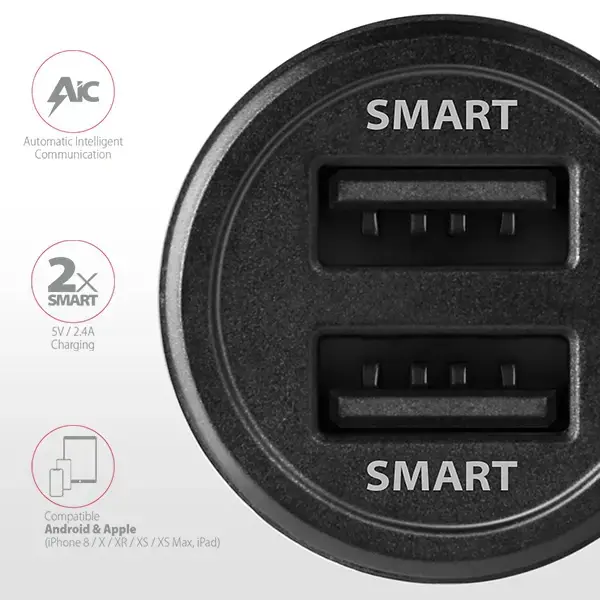 AXAGON PWC-5V5 automobilinis įkroviklis Smart 5V 2,4A + 2,4A, 24W, juodas