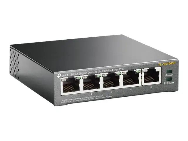 TP-LINK 5 prievadų gigabitinis stalinis komutatorius su 4 PoE prievadais 5 Gigabit RJ45 prievadai, įskaitant 4 PoE prievadus 56 W PoE maitinimo šaltinis Plieninis korpusas