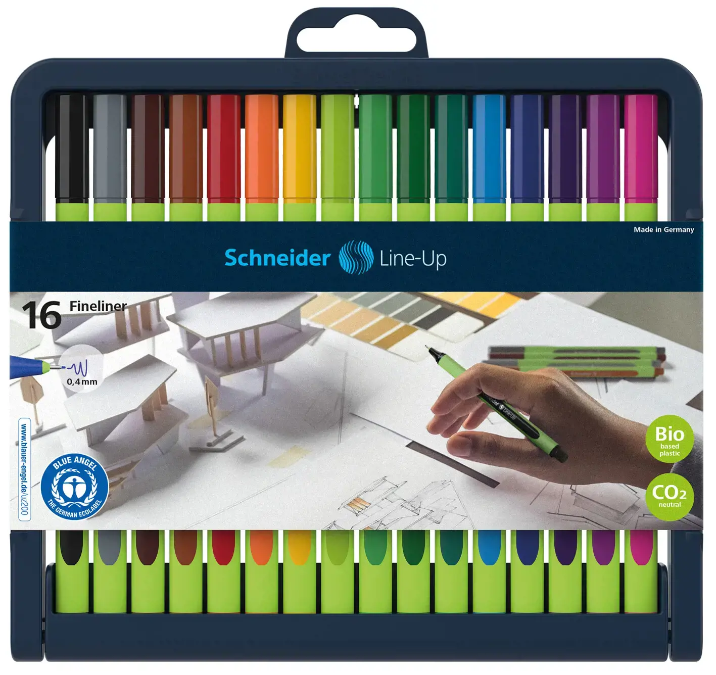 Rašikliai SCHNEIDER LINE-UP 0.4 mm, žalias korpusas, 16 spalvų rinkinys