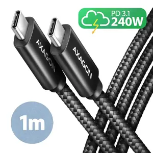 Axagon Data and charging USB 480Mbps cable length 1.5 m. PD 240W, 5A. Black braided.