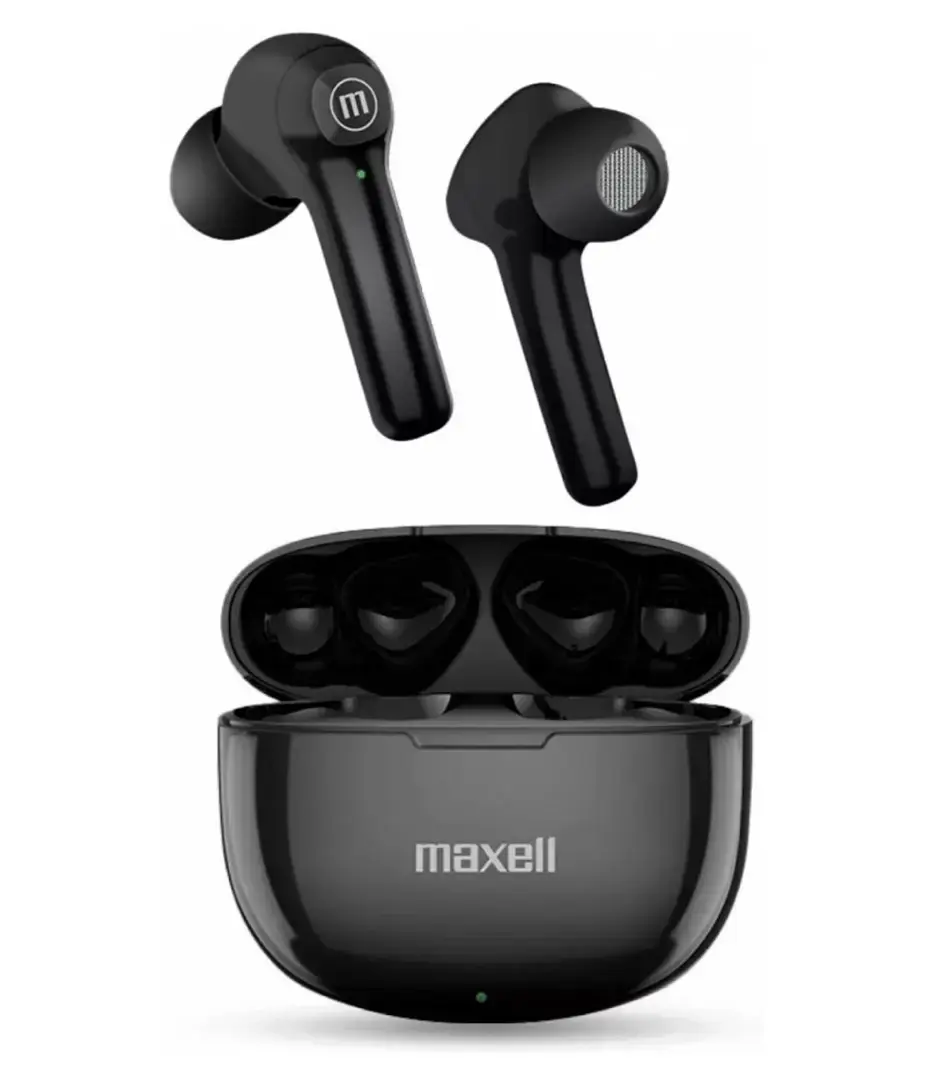 "Maxell Dynamic+" belaidės ausinės su įkrovimo dėklu "Bluetooth", juodos spalvos
