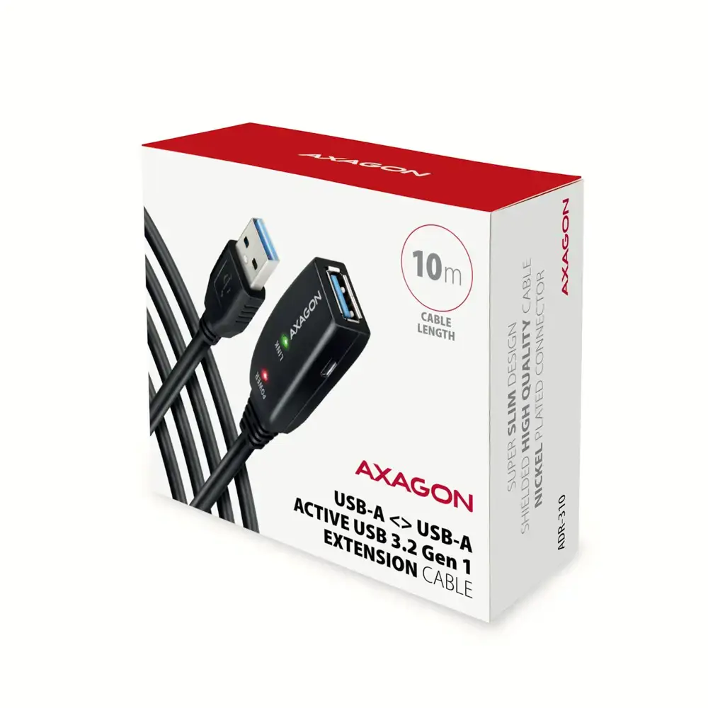 "Axagon Active" USB 3.2 Gen 1 A-M > A-F prailginimo kabelis, 10 m ilgio. Maitinimo šaltinio parinktis.