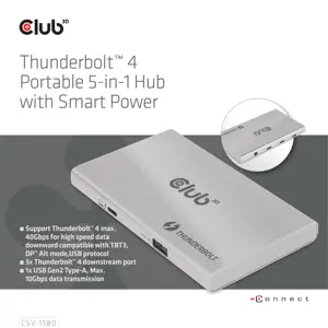 CLUB3D Certified Thunderbolt™4 Portable 5-in-1 Hub with Smart Power, Docking, Thunderbolt 4, Silver, OS Support: Windows10™ or above version supported Thunderbolt™ 4 host MacOS™ 11 or above..., DC, 10 W