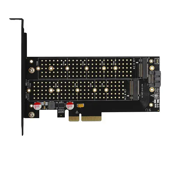 AXAGON PCEM2-DC PCI-E 3.0 4x - DUAL M.2 SSD (NVMe + SATA), dviguba įtampa, iki 110 mm SSD, ventiliatorius + radiatorius