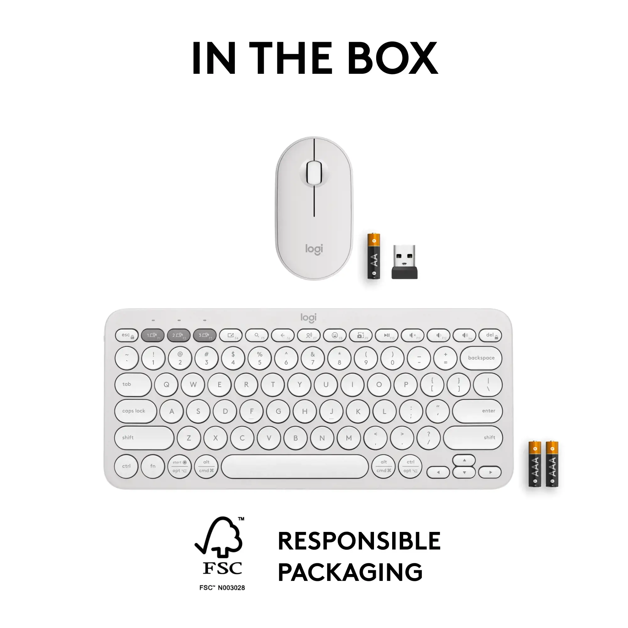 Logitech Pebble 2 Combo, Wireless, RF Wireless + Bluetooth, Scissor key switch, QWERTY, White, Mouse included
