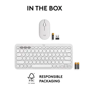 Logitech Pebble 2 Combo, Wireless, RF Wireless + Bluetooth, Scissor key switch, QWERTY, White, Mouse included