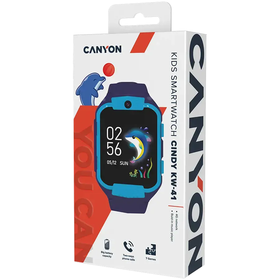 CANYON Cindy KW-41, 1,69'' IPS spalvotas ekranas 240*280, ASR3603C, Nano SIM kortelė, 192+128MB, GSM(B3/B8), LTE(B1.2.3.5.7.8.20) baterija 680mAh, integruota TF kortelė: 512MB, mėlyna, šeimininkas: 53,3*42,3*14,5 mm, dirželis: 230*20 mm, 36g