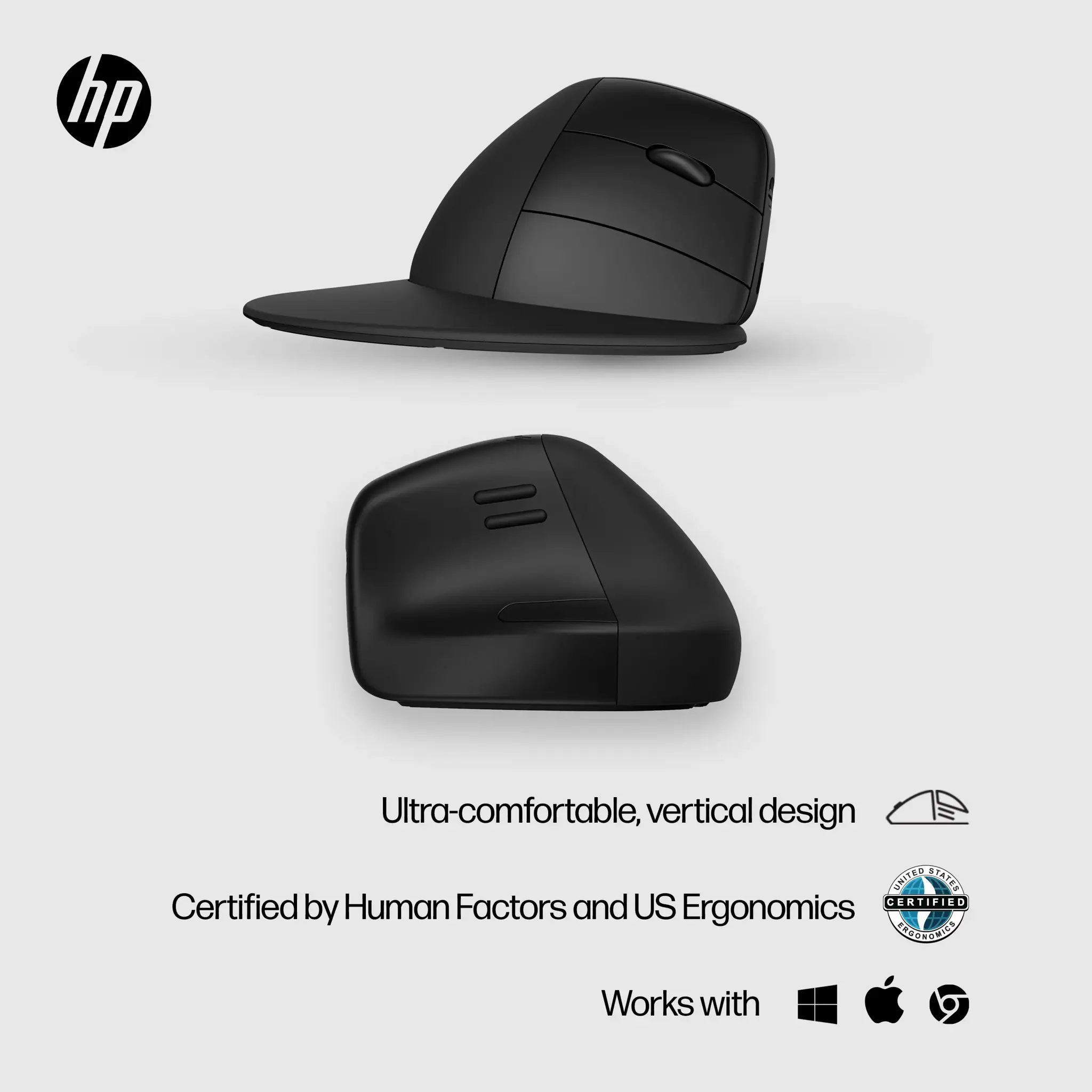 HP 925 Ergonomic Vertical Mouse, Right-hand, Vertical design, RF Wireless + Bluetooth, 4000 DPI, Black