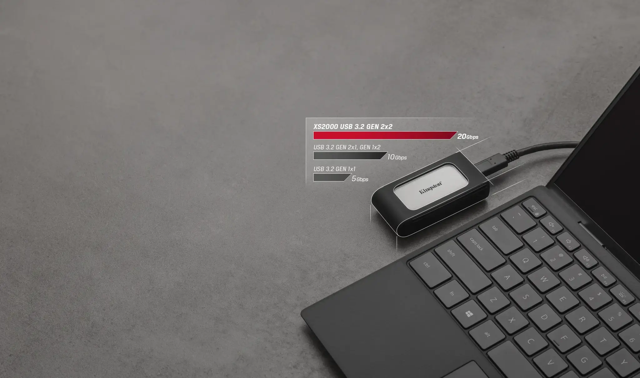 Kingston Technology 2000G PORTABLE SSD XS2000, 2 TB, USB Type-C, 3.2 Gen 2 (3.1 Gen 2), 2000 MB/s, Black, Silver