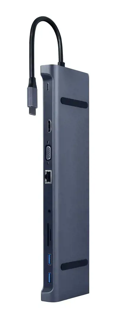 GEMBIRD A-CM-COMBO10-01 USB tipo C 10in1 kelių prievadų adapteris USB šakotuvas + HDMI + VGA + PD + PD + kortelių skaitytuvas + LAN + 3,5 mm garso erdvė pilka