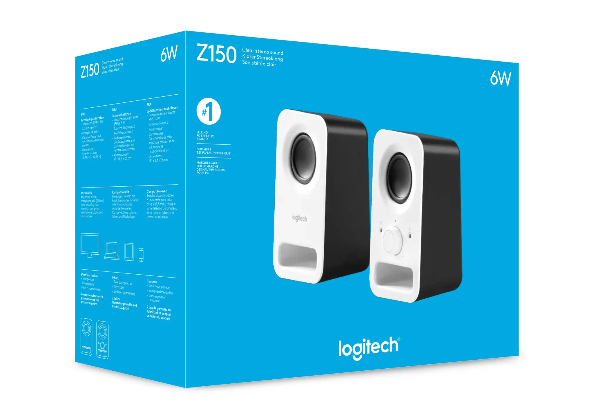 "Logitech Z150" stereofoniniai garsiakalbiai, ES, 2.0 kanalų, laidiniai, 3 W, balti