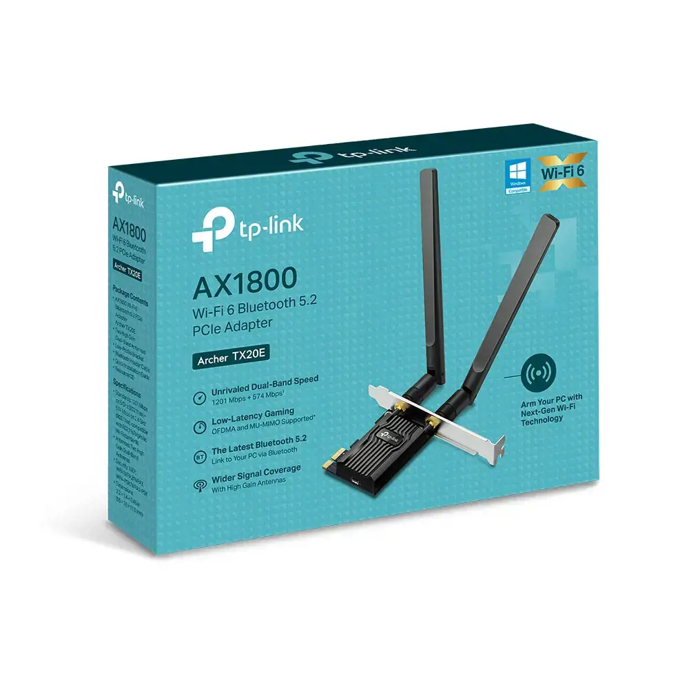 TP-Link AX1800 "Wi-Fi 6 Bluetooth 5.2 PCIe" adapteris, vidinis, belaidis, "PCI Express", WLAN / "Bluetooth", 1800 Mbps, juodas