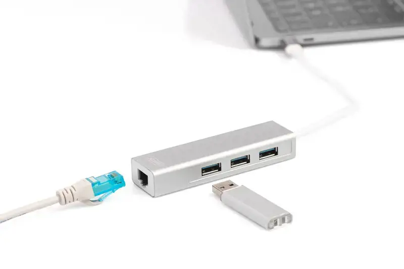 DIGITUS 3 prievadų USB 3.0 C tipo šakotuvas su Gigabit Ethernet 3xUSB A/F 1xUSB C/M 1xRJ45 LAN Palaiko Windows ir Mac OS