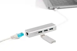 DIGITUS 3 prievadų USB 3.0 C tipo šakotuvas su Gigabit Ethernet 3xUSB A/F 1xUSB C/M 1xRJ45 LAN Palaiko Windows ir Mac OS