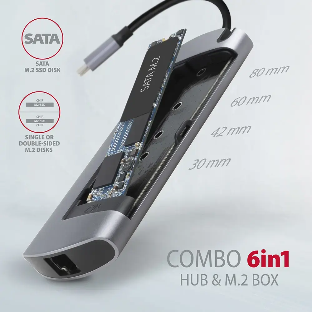 Axagon HMC-6M2 SUPERSPEED USB-C COMBO 6IN1 HUBMultiport USB 3.2 Gen 1 šakotuvas. SATA M.2, HDMI, Gigabit LAN ir Power Delivery. Kabelis USB-C 18 cm.