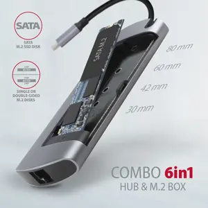 Axagon HMC-6M2 SUPERSPEED USB-C COMBO 6IN1 HUBMultiport USB 3.2 Gen 1 šakotuvas. SATA M.2, HDMI, Gigabit LAN ir Power Delivery. Kabelis USB-C 18 cm.