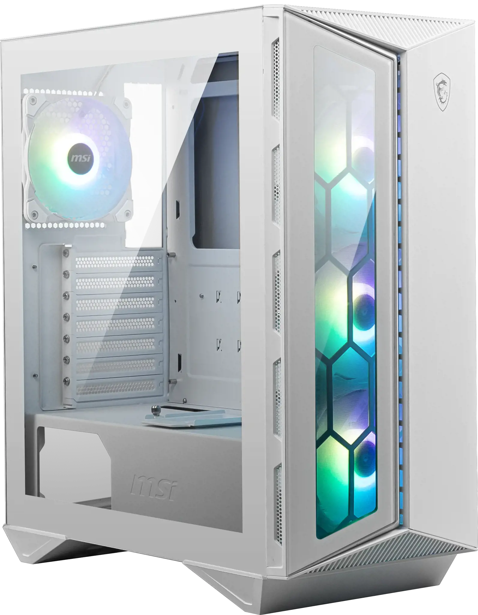 MSI MPG GUNGNIR 110R WHITE Vidutinio bokšto žaidimų kompiuterių korpusas "Baltas, 4x 120 mm ARGB ventiliatorius, 1-6 ARGB valdymo plokštė, C tipo USB, grūdintas stiklas, centrinis, ATX, mATX, mini-ITX", Vidutinio bokšto, kompiuteris, baltas, ATX, micro ATX, mini-ITX, metalinis, žaidimų