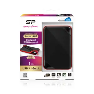 SILICONPOW SP010TBPHD62SS3K Išorinis kietasis diskas Silicon Power Armor A62 2.5 1TB USB 3.1, atsparus vandeniui, IPX4, juodas