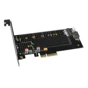 AXAGON PCEM2-DC PCI-E 3.0 4x - DUAL M.2 SSD (NVMe + SATA), dviguba įtampa, iki 110 mm SSD, ventiliatorius + radiatorius
