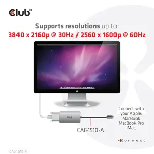 CLUB3D USB3.2 Gen1 Type-C to Dual Link DVI-D HDCP OFF version Active Adapter M/F for Apple Cinema Displays, 0.25 m, USB Type-C, DVI, Male, Female, 3840 x 2160
