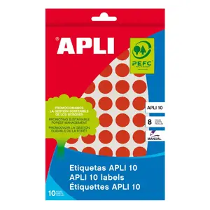 Lipnios etiketės APLI, diametras 19mm, 8 lapai/320lipdukų, raudonos spalvos