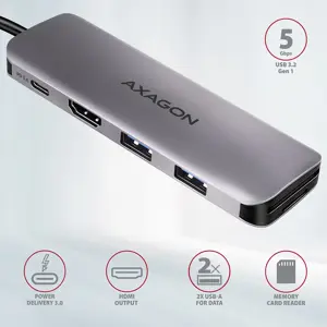 Daugiaportis USB 3.2 Gen 1 šakotuvas. HDMI, kortelių skaitytuvas ir "Power Delivery". 20 cm ilgio USB-C kabelis.