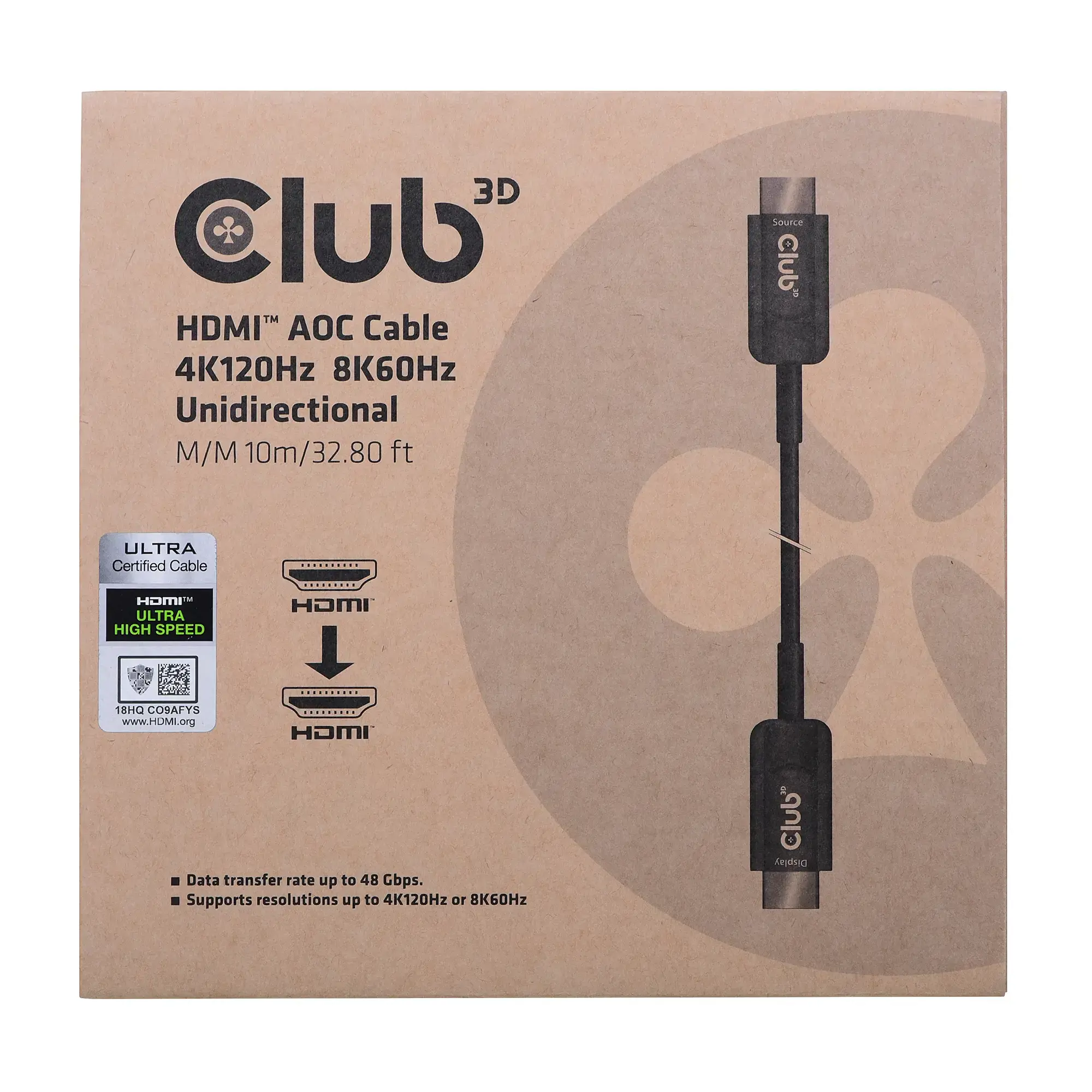 CLUB3D Ultra High Speed HDMI™ Certified AOC Cable 4K120Hz/8K60Hz Unidirectional M/M 10m/32.80ft, 10 m, HDMI Type A (Standard), HDMI Type A (Standard), 48 Gbit/s, Audio Return Channel (ARC), Black