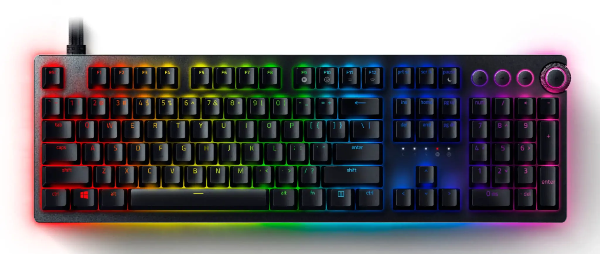 "Razer Huntsman V2" optinė žaidimų klaviatūra su RGB LED apšvietimu, QWERTY JAV tarptautinė, laidinė, juoda, "Clicky Purple" jungiklis, skaitmeninė klaviatūra