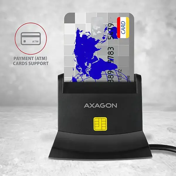 "Axagon" stacionarus stendinis skaitytuvas Išmaniųjų kortelių / tapatybės kortelių skaitytuvas AXAGON CRE-SM2 su USB 2.0 sąsaja turi SD, microSD ir SIM kortelių lizdus.