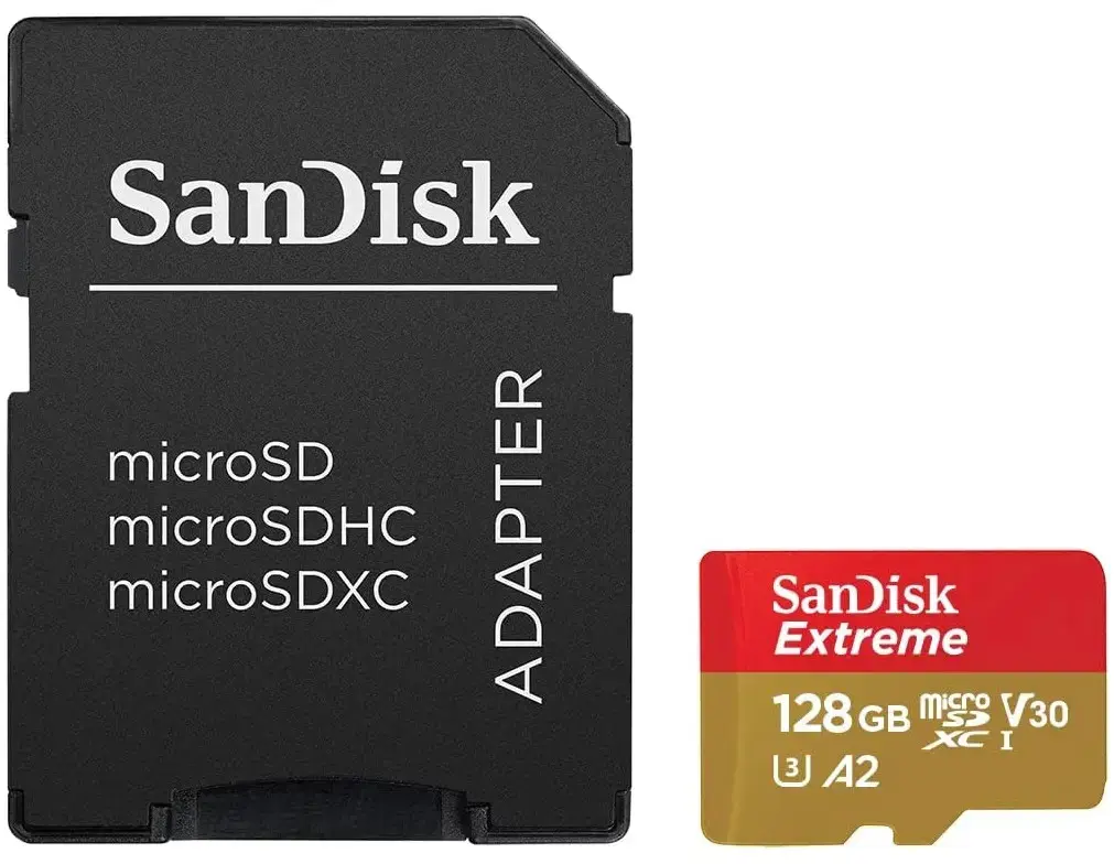 "SanDisk Extreme microSDXC" 128GB veiksmo kameroms ir dronams + SD adapteris + 1 metų "RescuePRO Deluxe" iki 190MB/s ir 90MB/s skaitymo/rašymo greitis A2 C10 V30 UHS-I U3; EAN:619659189488