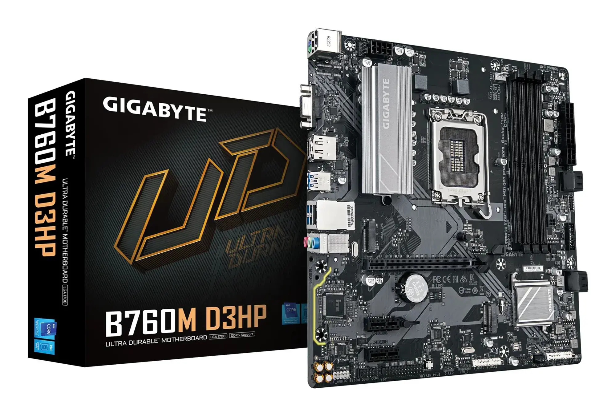 Mainboard GIGABYTE Intel B760 Express LGA1700 Micro-ATX Memory DDR5 Memory slots 4 2xPCI-Express 3.0 1x 1xPCI-Express 4.0 16x 2xM.2 1x15pin D-sub 1xHDMI 1xDisplayPort 2xUSB 2.0 5xUSB 3.2 1xUSB-C 1xPS/2 1xRJ45 3xAudio port B760MD3HP1.0