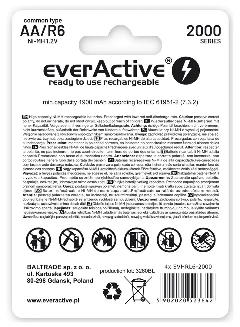 Įkraunamos baterijos everActive Ni-MH R6 AA 2000 mAh Silver Line
