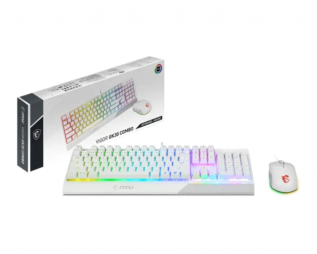 MSI VIGOR GK30 COMBO WHITE MEMchanical Gaming Keyboard + Gaming Mouse Bundle 'UK Layout, 6 zonų RGB apšvietimo klaviatūra, dviejų zonų RGB apšvietimo pelė, 5000 DPI optinis jutiklis, centrinė', USB, mechaninė, QWERTY, RGB LED, balta, pelė pridedama